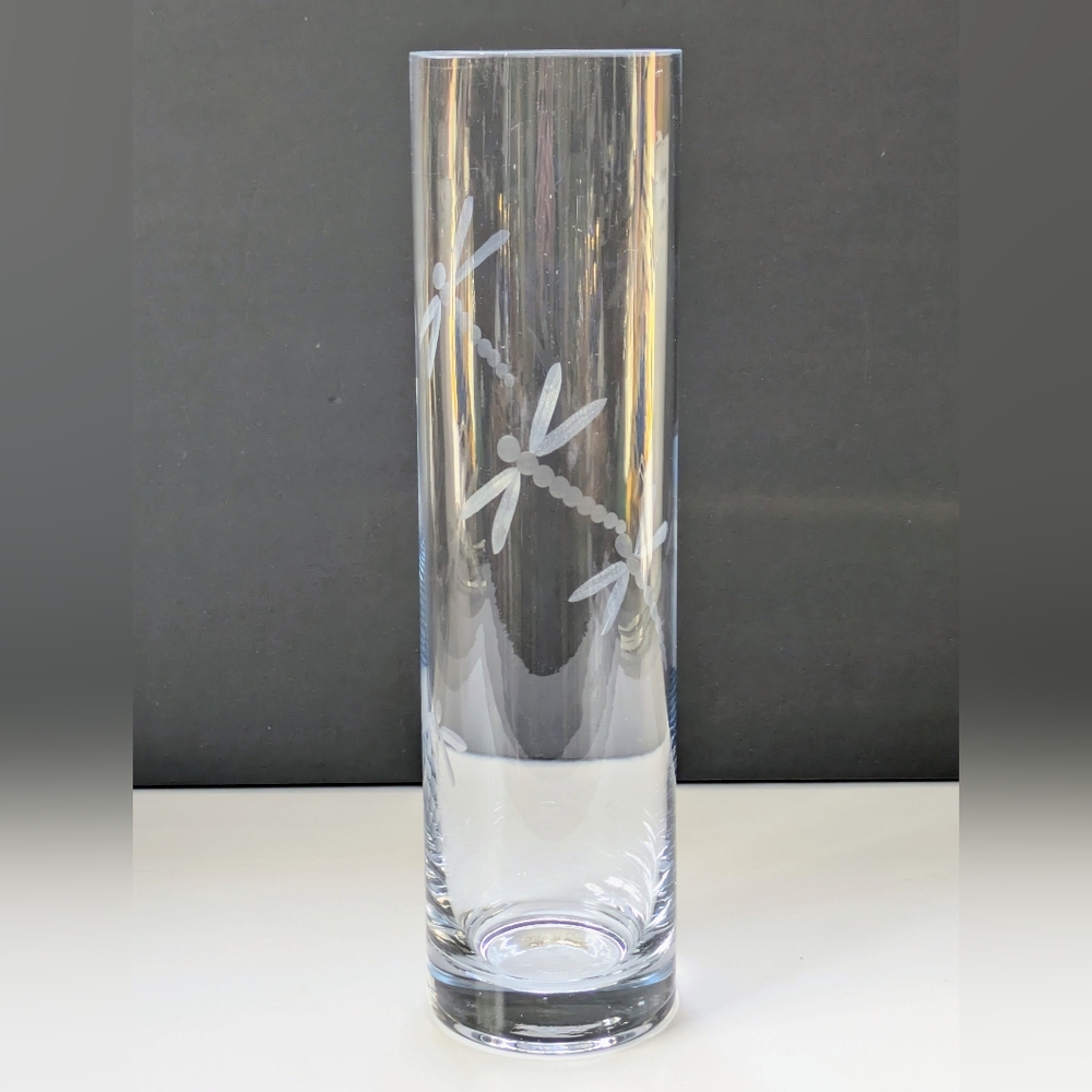 12" Tall Etched Glass Vase Frosted Dragonflies Clear Cylinder Cottagecore Nature